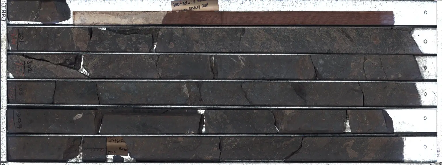 Drill core tray 35 of hole DDHURN1 at Prominent Hill, South Australia, 300.0 to 305.5 m, photographed by the HyLogger at the state core library