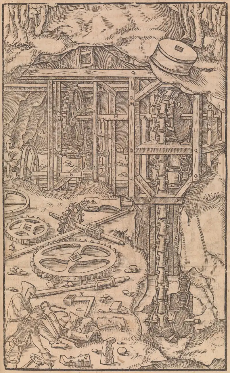 Woodcut from De re metallica showing mine shafts and miners