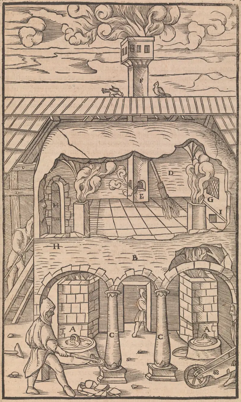 Woodcut from De re metallica showing machinery for raising ore