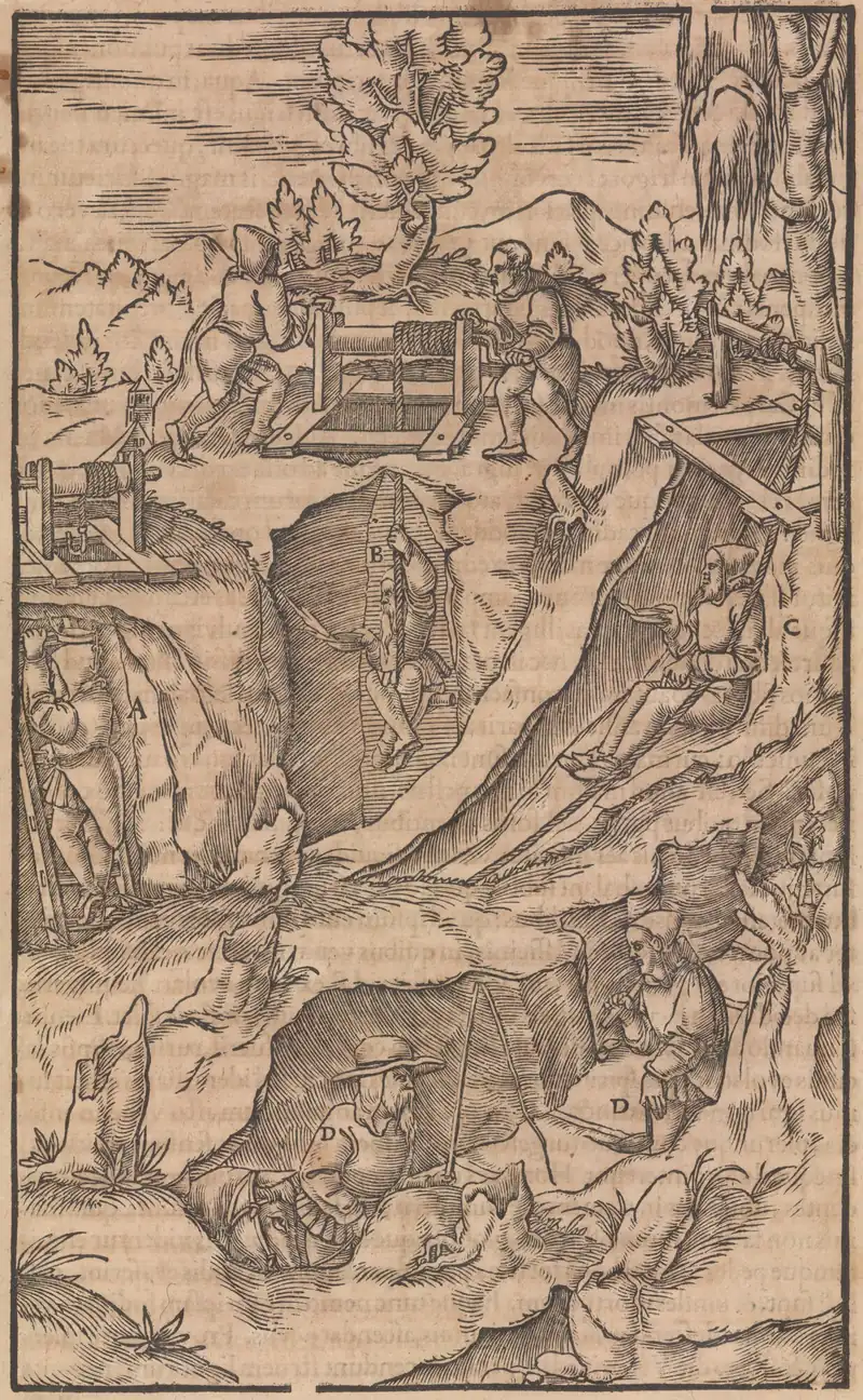 Woodcut from De re metallica of pumps for draining a mine