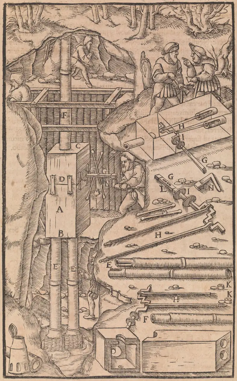 Woodcut from De re metallica of prospecting and surveying