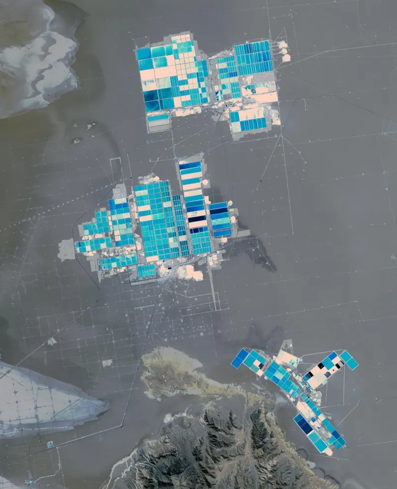 Satellite image of lithium evaporation ponds on the Salar de Atacama, Chile
