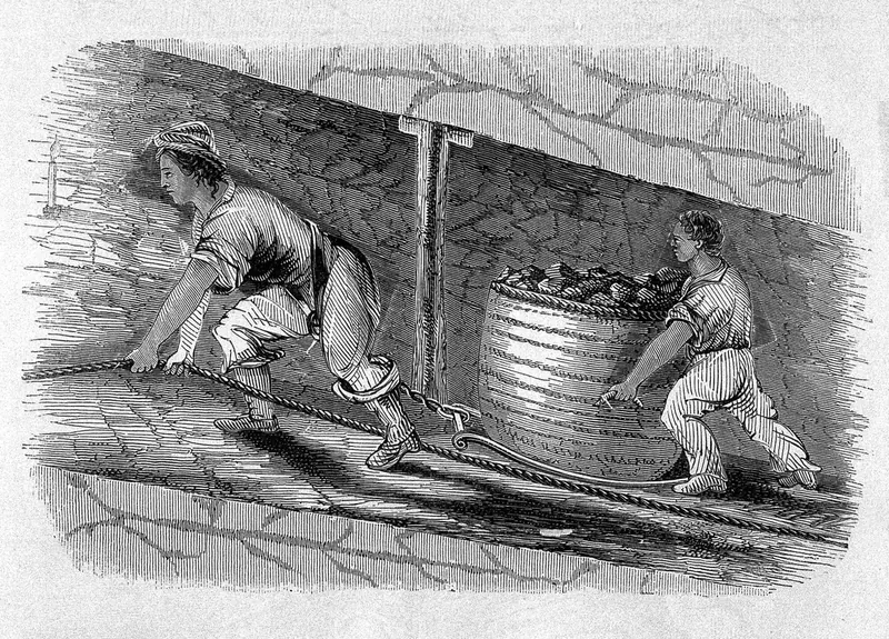 Child hauling a coal tub, from the 1842 Children's Employment Commission report