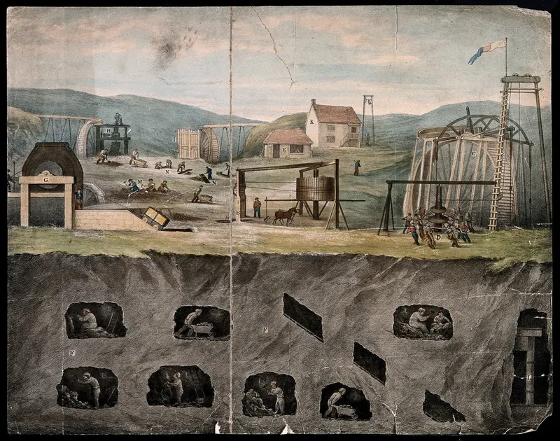 Coloured lithograph of a coal mine with miners at work above and below ground