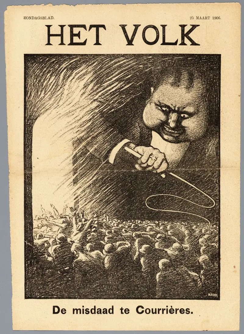 Dutch print titled The crime at Courrieres, about the 1906 mine disaster