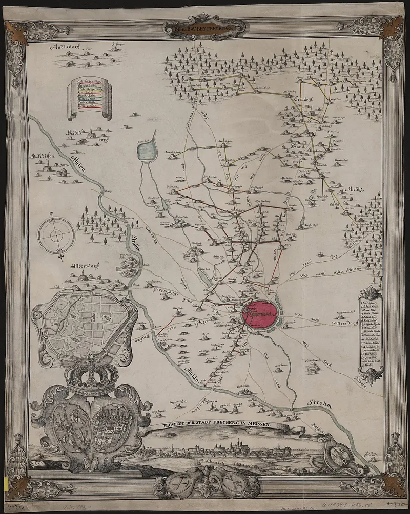 Pen drawing of mining near Freiberg, 1745