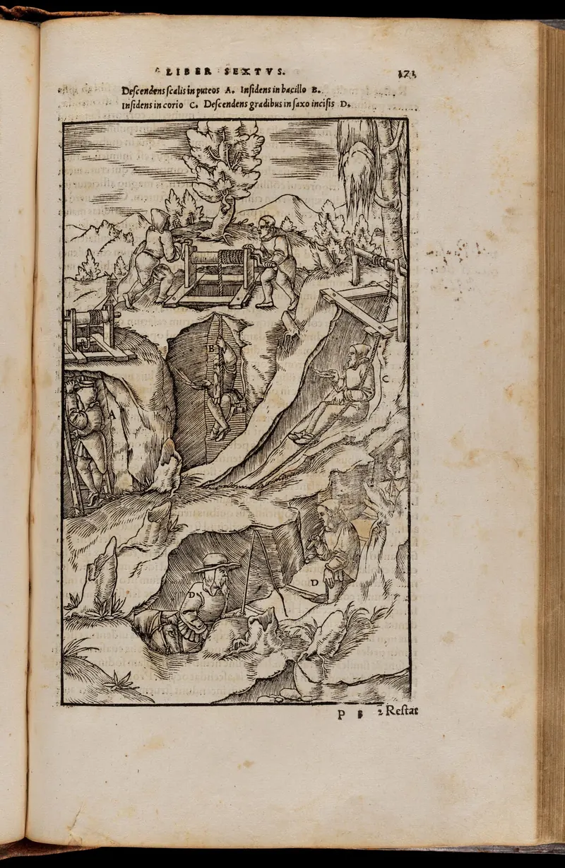 Early printed woodcut showing mining and ore processing