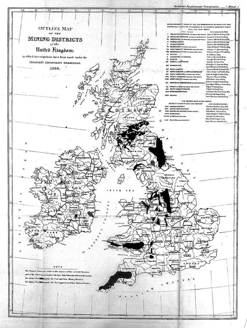 Map of the mining districts of Britain from the 1842 report on children in mines