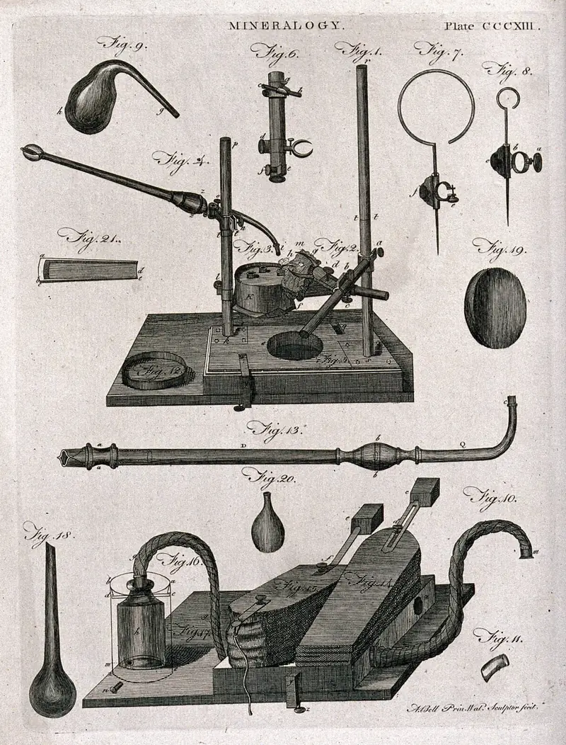 Engraving of miners' tools and implements