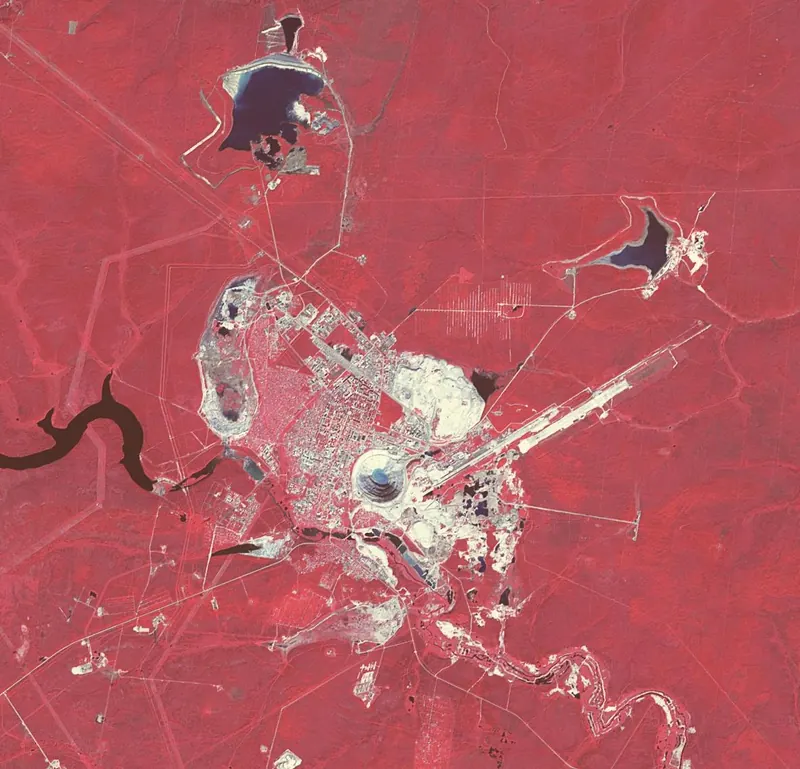 Satellite image of the Mir diamond pipe in Yakutia, Russia
