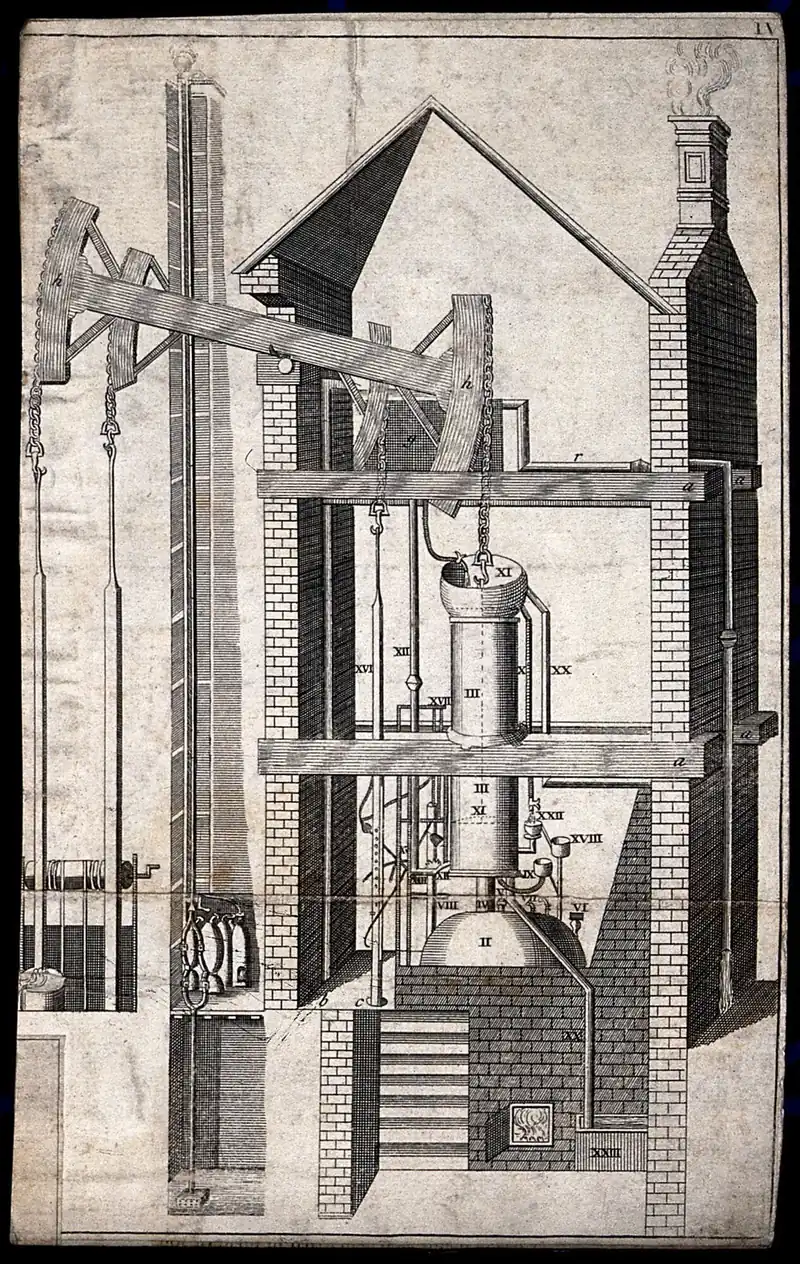 Engraving of a Newcomen atmospheric steam engine used to pump water from mines