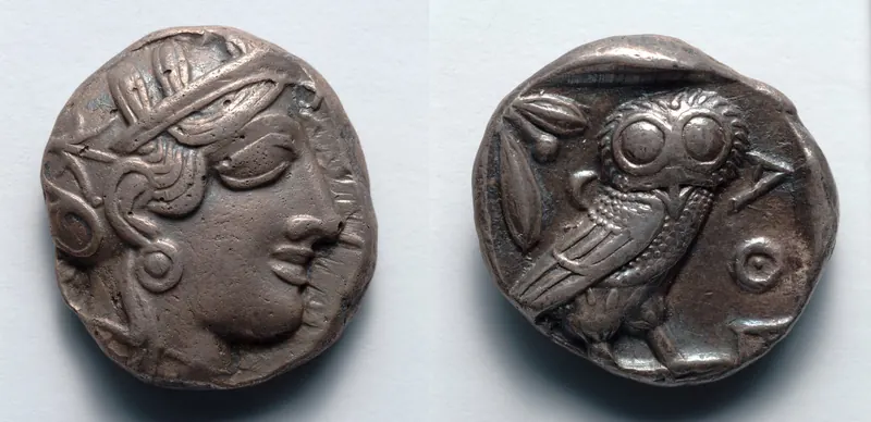 Silver tetradrachm coin of Athens with the owl of Athena, struck 480 to 449 BCE from Laurion silver