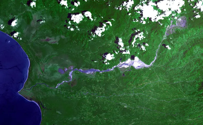 Satellite image of the closed Panguna copper mine, Bougainville
