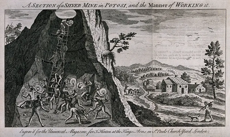Engraving of about 1750 showing a cross-section of a silver mine at Potosi with miners digging