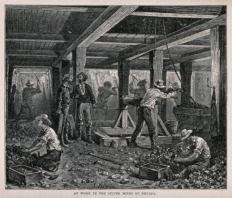 Wood engraving of miners working a silver mine