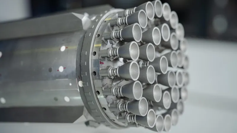 Close view of the base of a small metal model rocket booster showing its many engine nozzles in rings