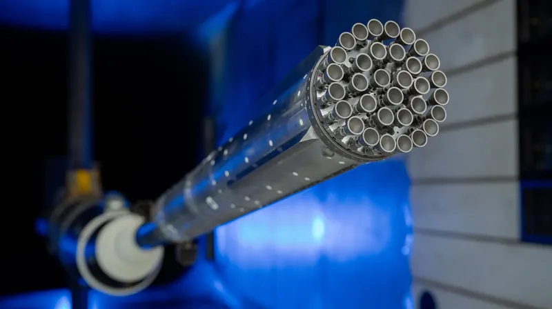 A long thin metal model of a rocket booster mounted in a wind tunnel under blue light