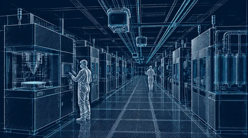 Blueprint-style line drawing of a chip factory cleanroom with engineers in protective suits