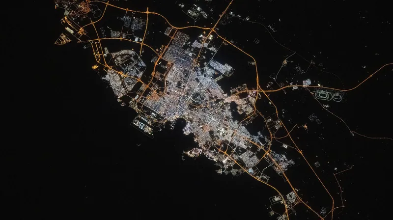 Doha, Qatar, at night from orbit: a grid of orange and white lights along the coast