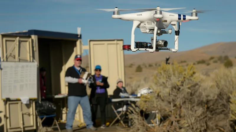 A white four-rotor camera drone hovering over scrubland while its operators watch from beside a field trailer