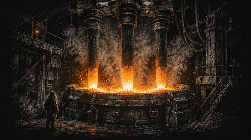 Pencil drawing of a silicon smelter's arc furnace, three glowing electrodes over molten quartz