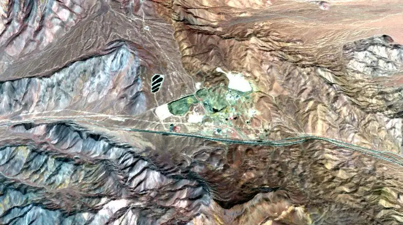 Satellite image of the Mountain Pass mine in the desert mountains of California