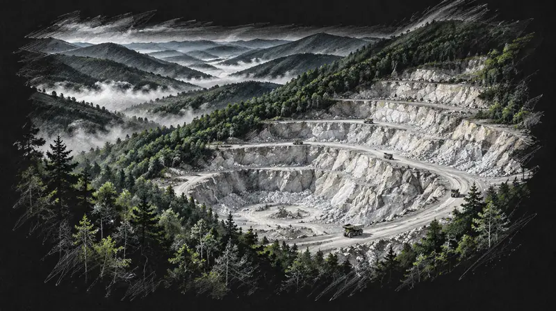 Pencil drawing of an open-pit quartz mine cut into forested mountains