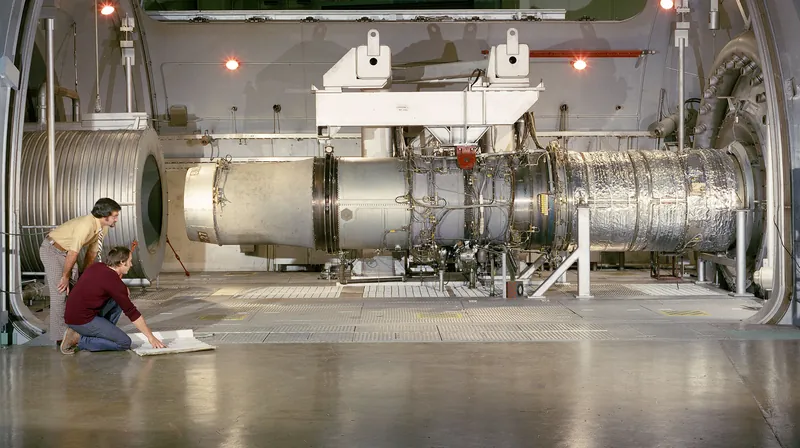 A turbofan engine on a test stand inside a large round test chamber, with engineers kneeling beside it