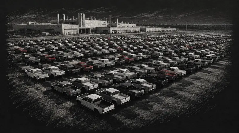 Pencil drawing of rows of new pickup trucks parked in a field beside a factory, waiting for parts