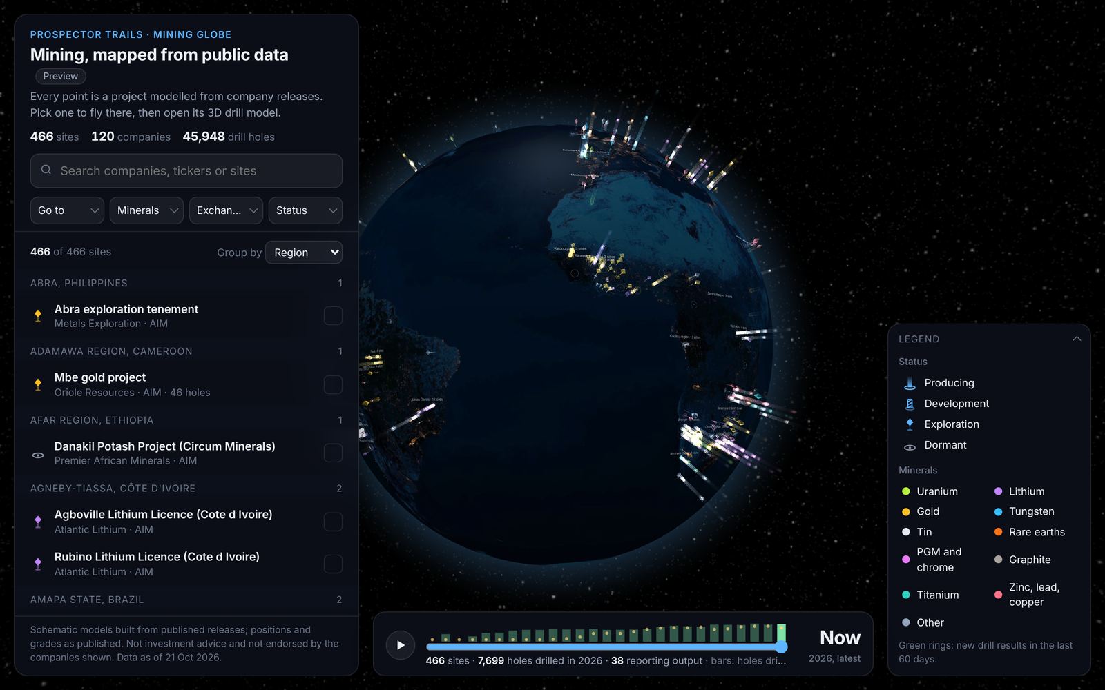 The mining globe: hundreds of project sites as points on a 3D Earth, with search and filters