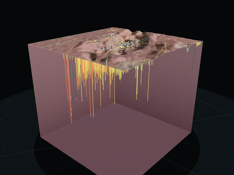 A block of ground cut out under the Kalgoorlie Super Pit, its drill holes hanging beneath the satellite picture