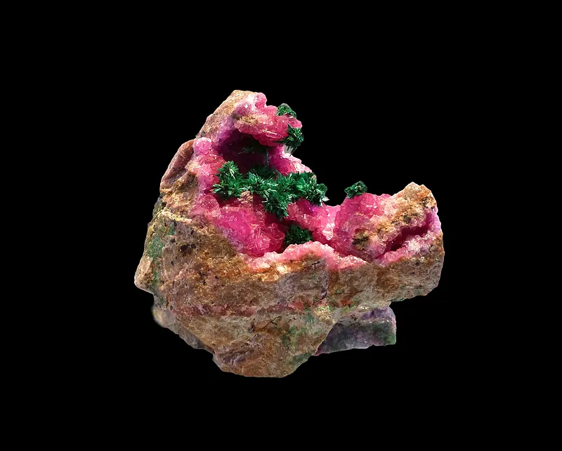 Green malachite on pink cobaltocalcite, a copper and cobalt specimen from Musonoi near Kolwezi