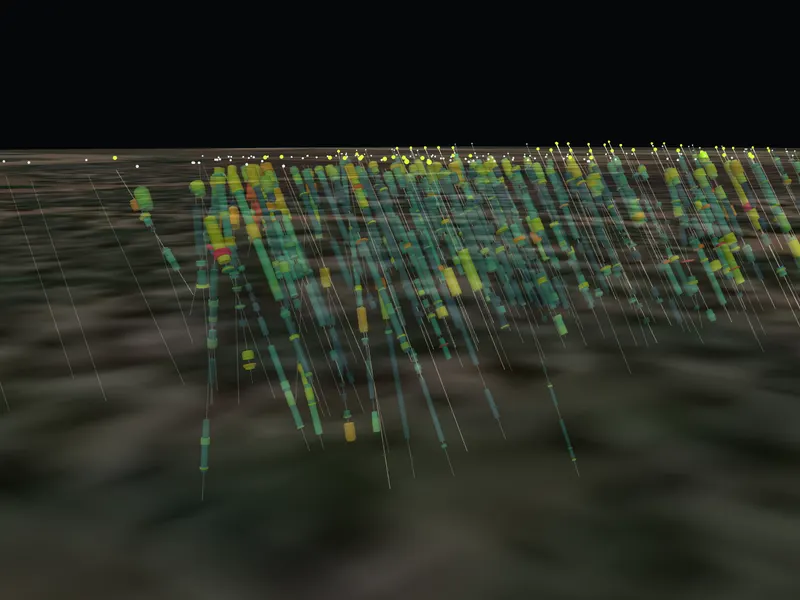 Palladium drill intervals under farmland at Gonneville, Western Australia, in 3D