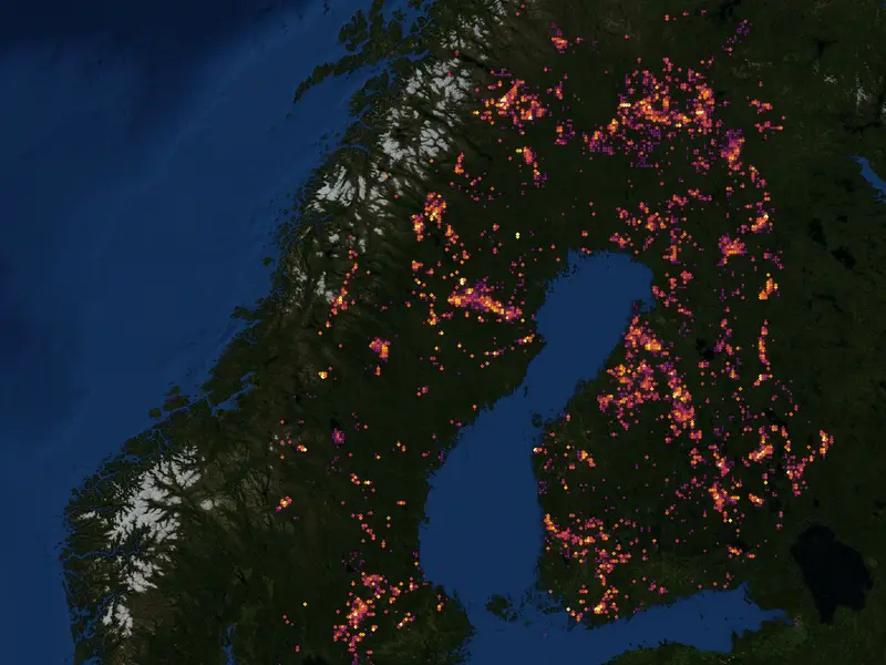 Drill holes coloured by year across Finland and Sweden on a satellite map