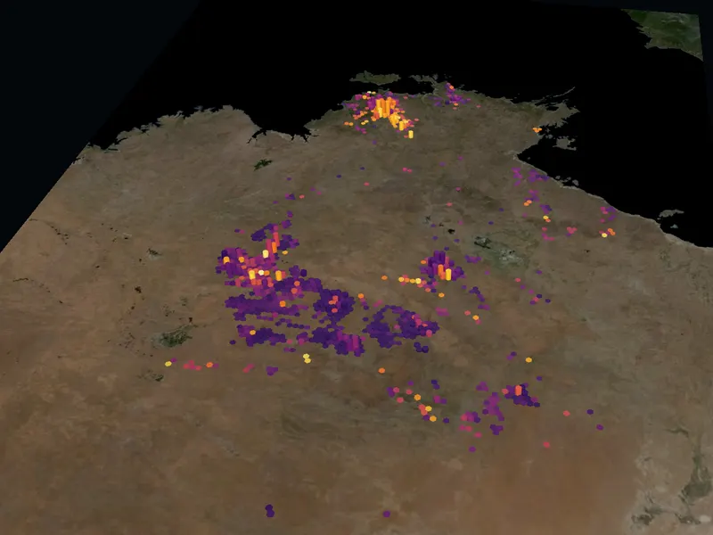 Gold drill-hole columns over the Northern Territory on a satellite map