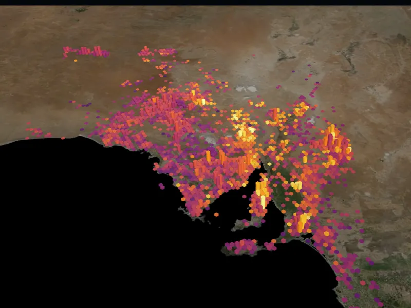 Copper drill-hole columns over South Australia on a satellite map