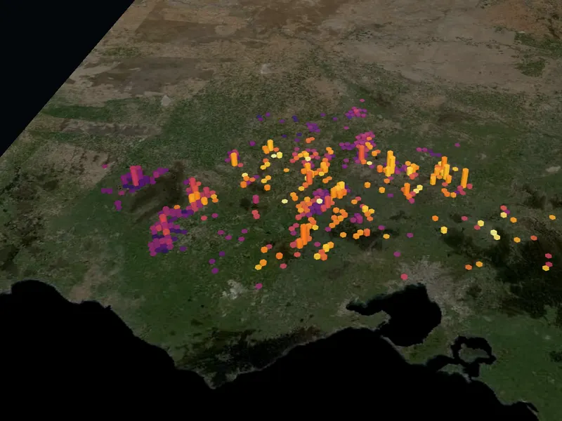 Gold drill-hole columns over central Victoria on a satellite map