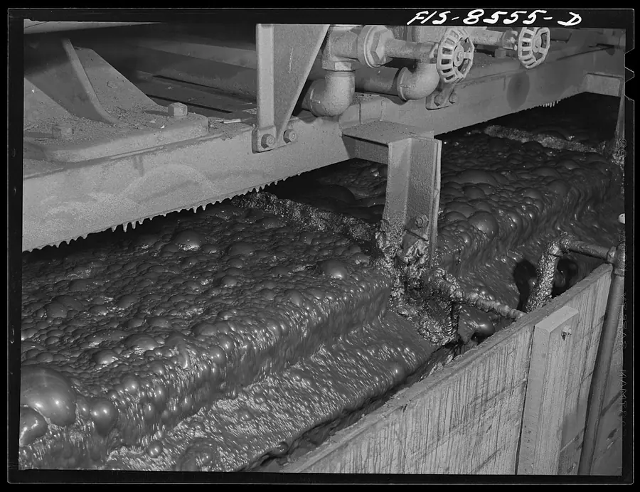 A thick grey froth of bubbles spilling along a flotation machine