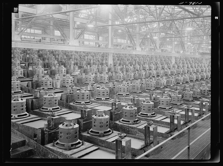 A vast hall filled with rows of flotation machines under a factory roof