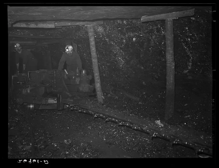 A miner with a lamp beside a coal cutting machine in a low, timbered seam