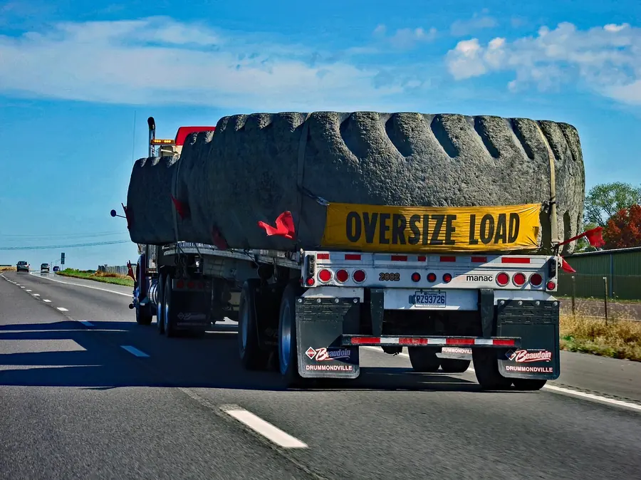 A single giant mining tyre filling the back of a flatbed lorry on a highway, marked oversize load