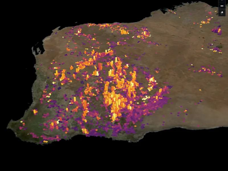 Gold drill-hole columns rising over the Yilgarn goldfields on a satellite map of Western Australia